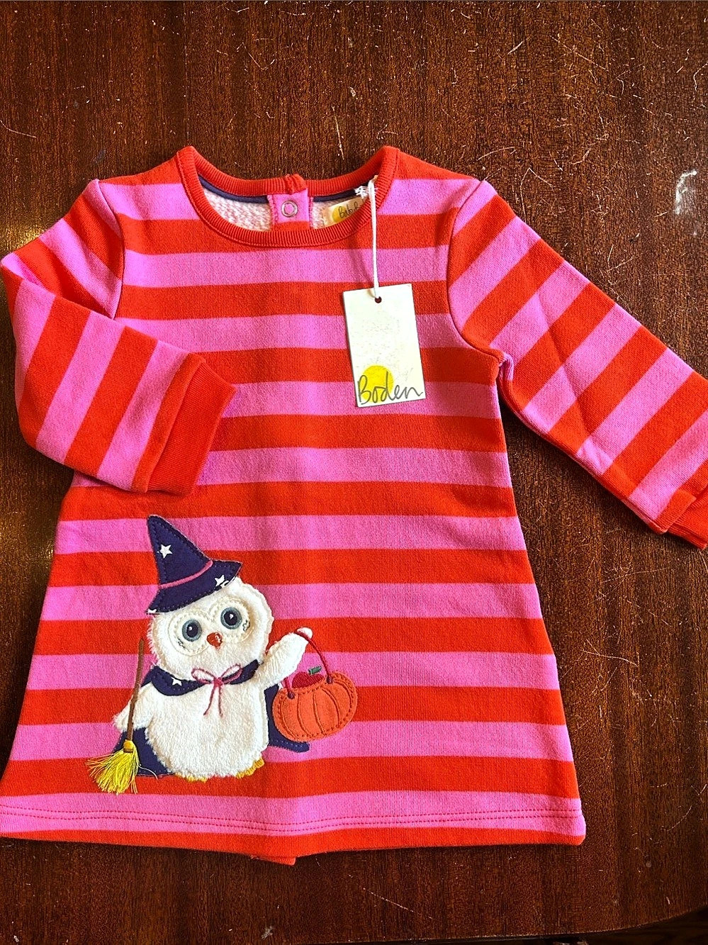 baby Boden Halloween Owl Witch Stripe Sweatshirt Dress Pink & Red